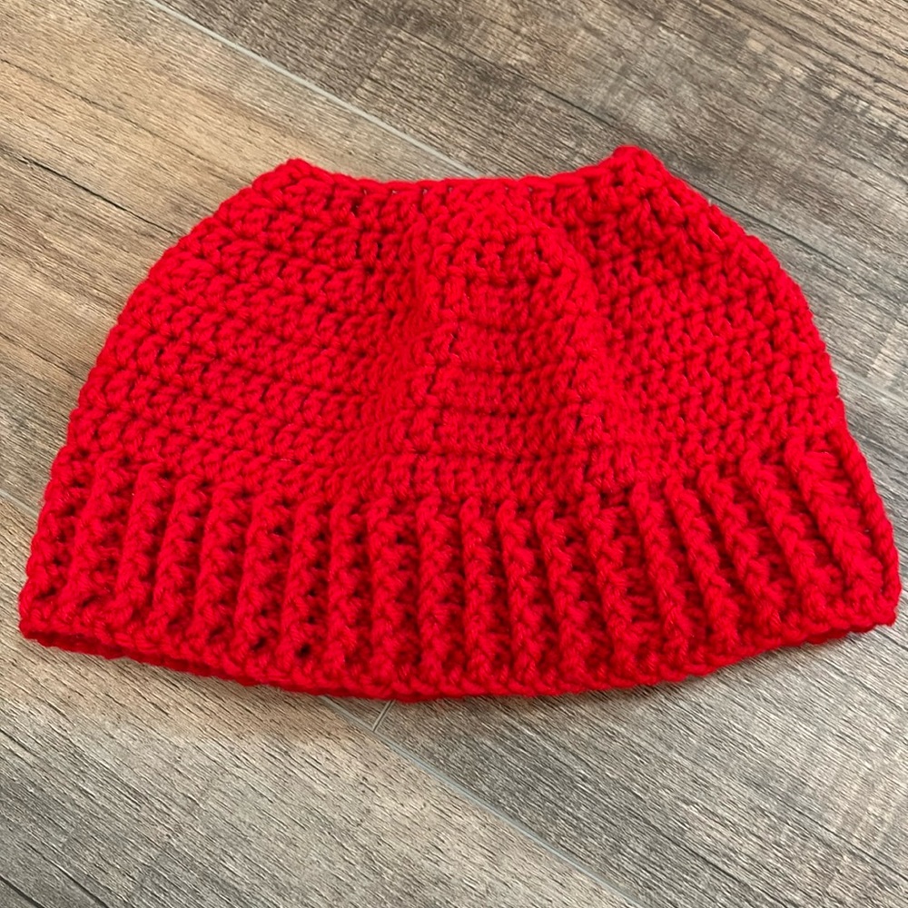 Handmade Women’s Crochet Ponytail Beanie in Red
